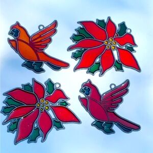 Set of 4 Vintage Make Bake Sun Catcher Ornaments Cardinal Poinsettias